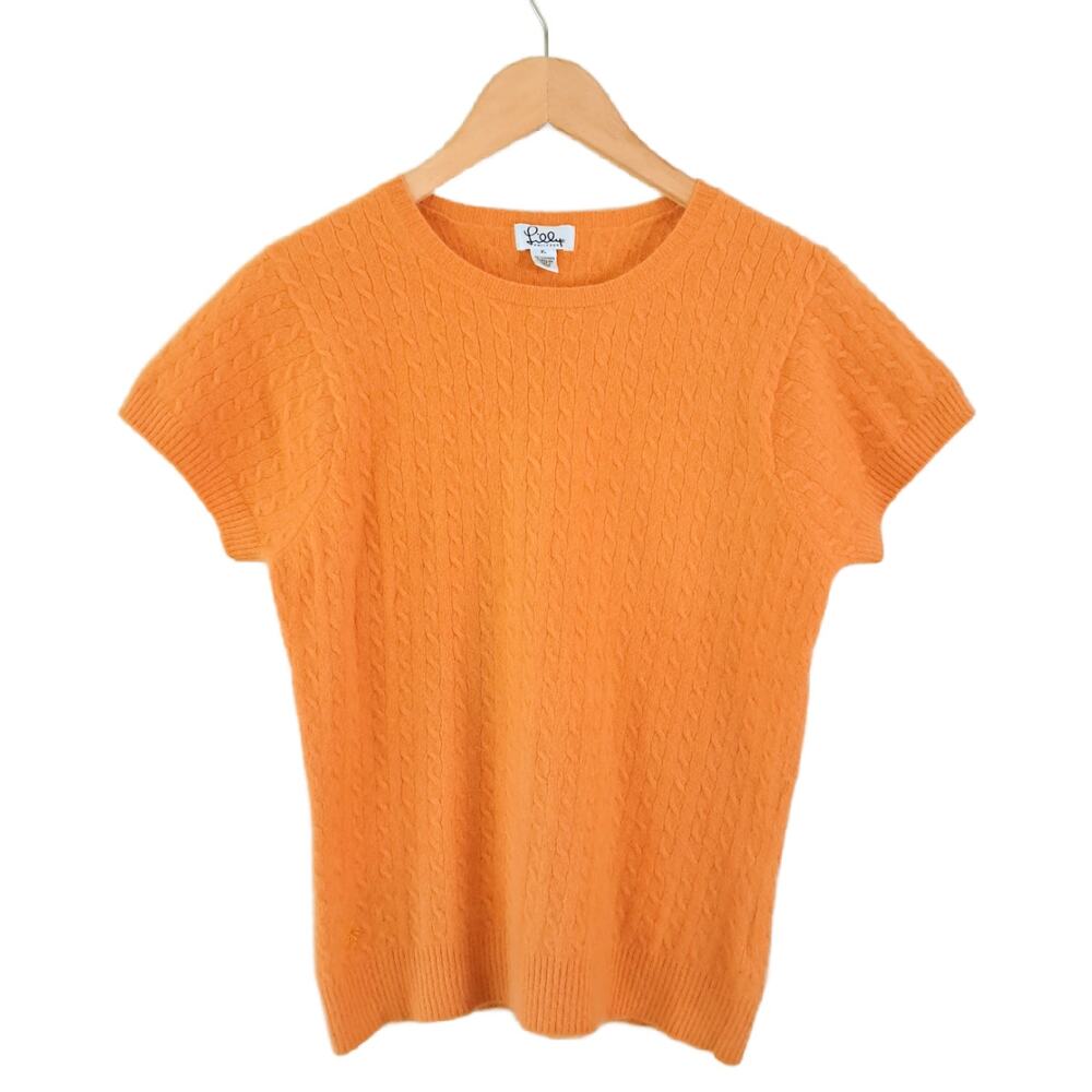 Lilly Pulitzer 100% Cashmere Orange Cable Knit Short Sleeve Sweater Top Fits Med